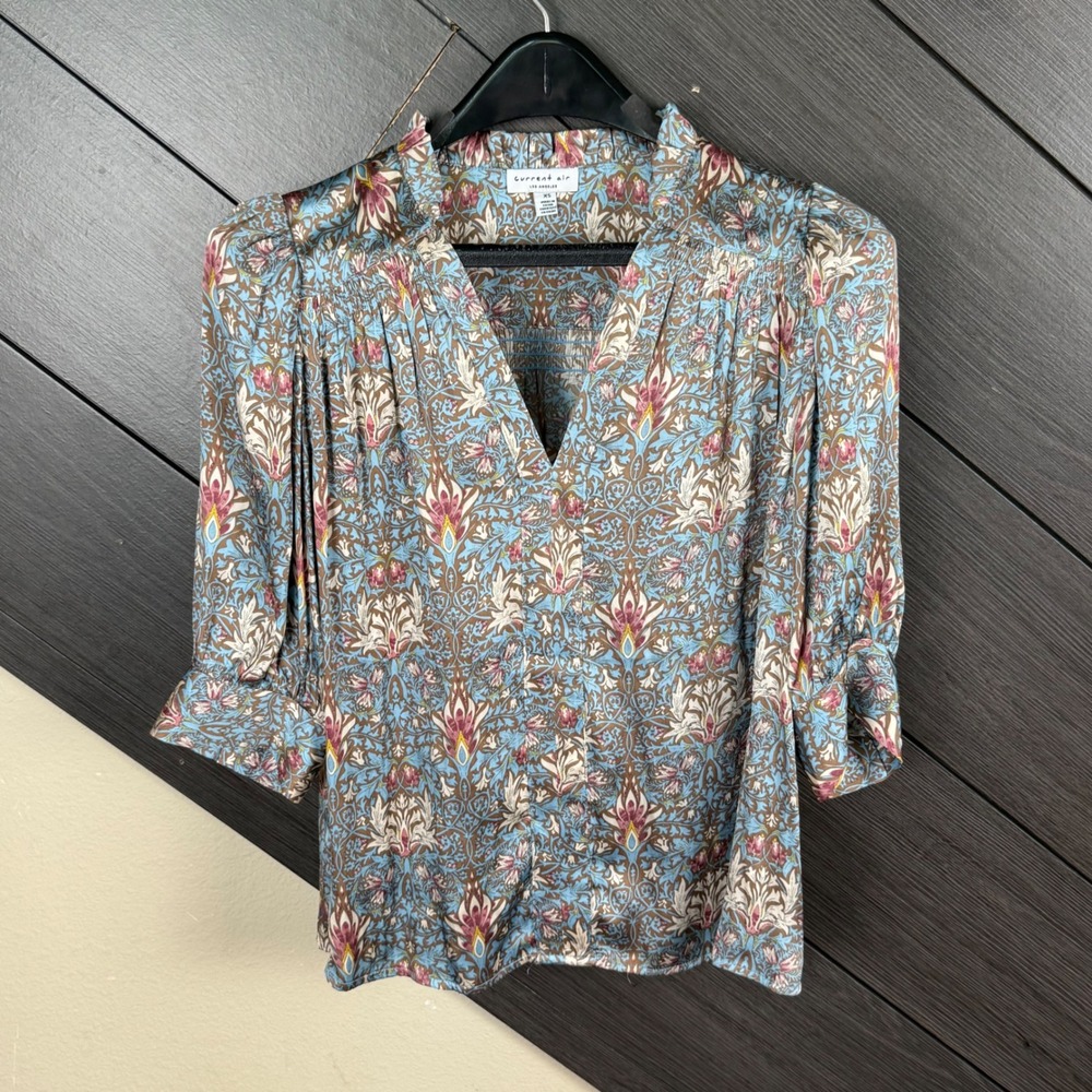 Current Air Los Angeles Women Satin Floral Blouse XS Blue Brown Boho 3/4 Sleeve